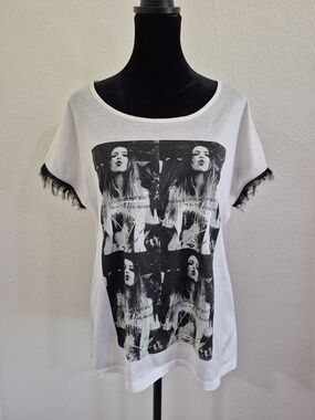 White Graphic Short Sleeve Tee with Black Fringe Trim